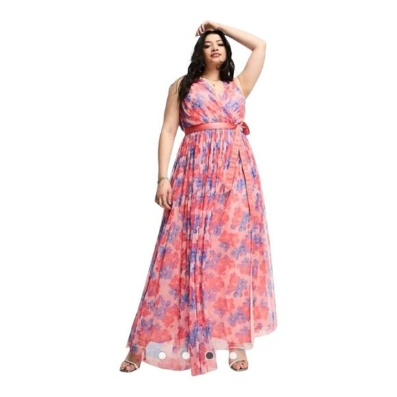 Anaya Wrap Front Chiffon Coral Blue Romantic Tulle Floral Maxi Dress Size 18 - Picture 2 of 10